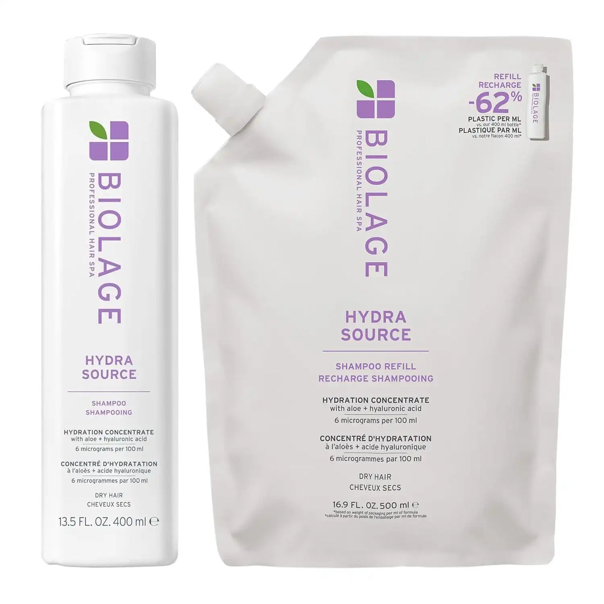 Biolage Hydra Source Shampoo and Refill Shampoo Set - Softens, Moisturizes & Adds Shine, For Dry Hair, Infused with Micro-Filtered Aloe Vera & Fermented Hyaluronic Acid, Vegan & Paraben-Free